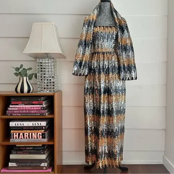 Vintage Sequin Strapless Maxi Dress with Shawl by Zeepha Couture Party Dress - Picture 6 of 9